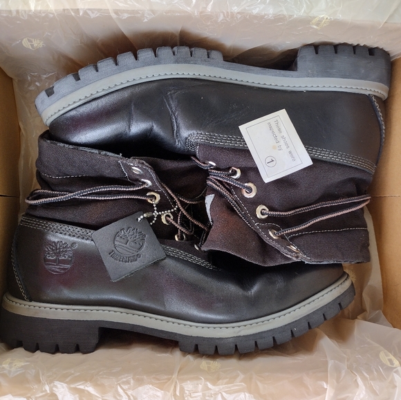 Rare Timberland Roll Top 6 Inch Black Smooth Leather Boots Timberland Fabric Top - Picture 11 of 13